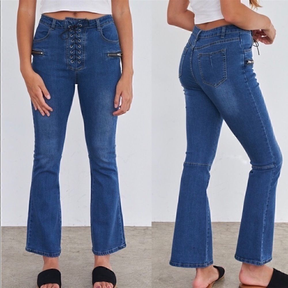 High Waisted Denim Lace Up Bell Bottom Jea…